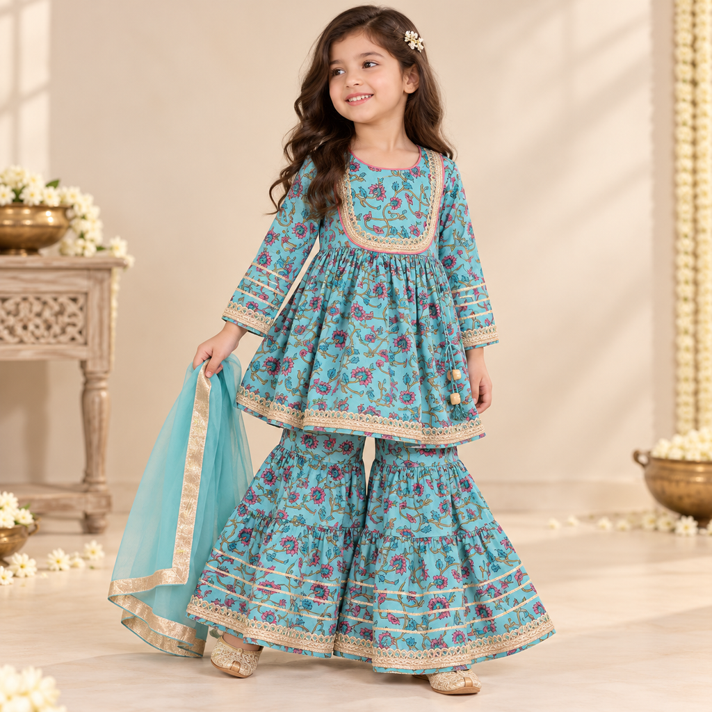 Turquoise Floral Sharara Set
