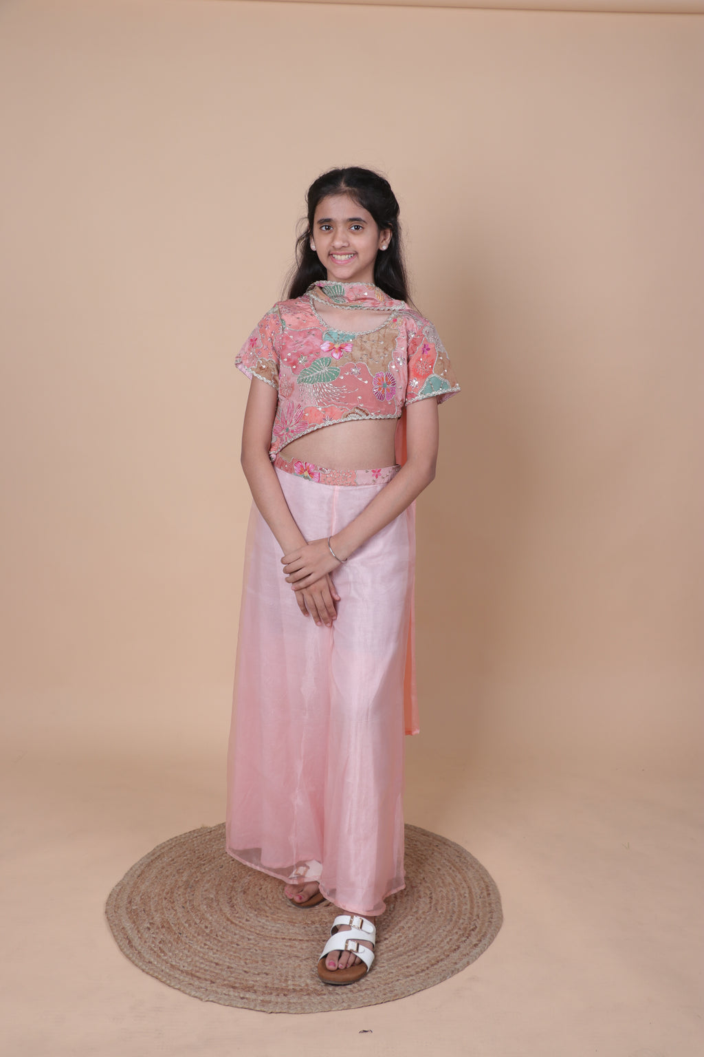 PURE CREPE ZARI EMBROIDERED PEACH TOP WITH FLARED TISSUE PALAZZO.