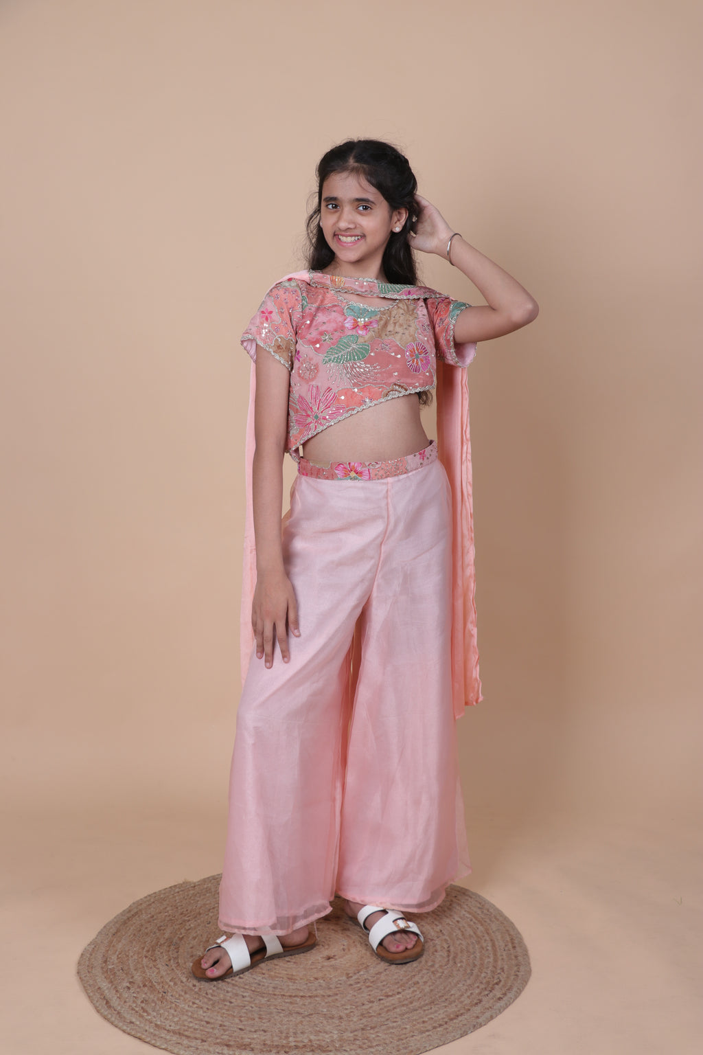 PURE CREPE ZARI EMBROIDERED PEACH TOP WITH FLARED TISSUE PALAZZO.