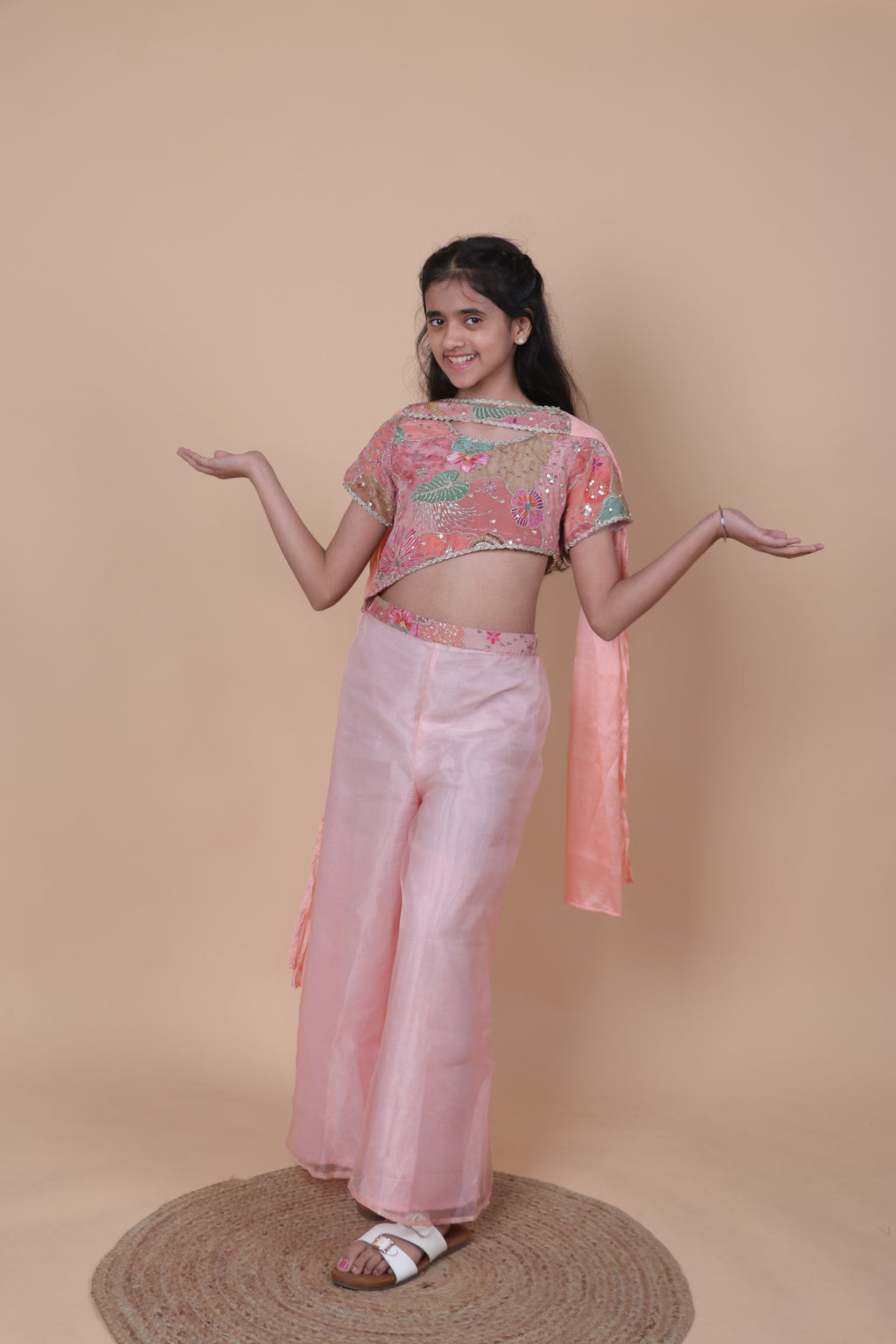 PURE CREPE ZARI EMBROIDERED PEACH TOP WITH FLARED TISSUE PALAZZO.