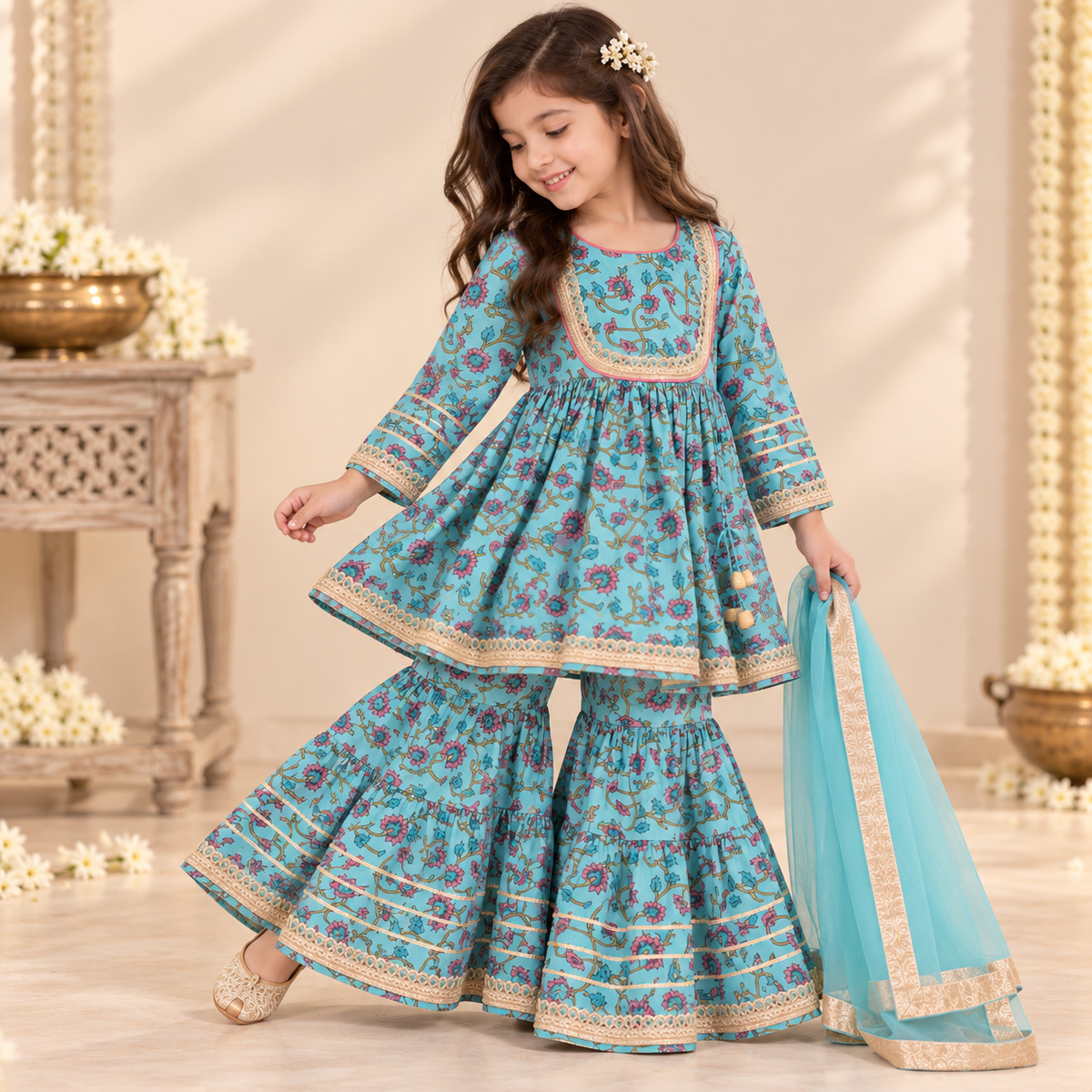 Turquoise Floral Sharara Set